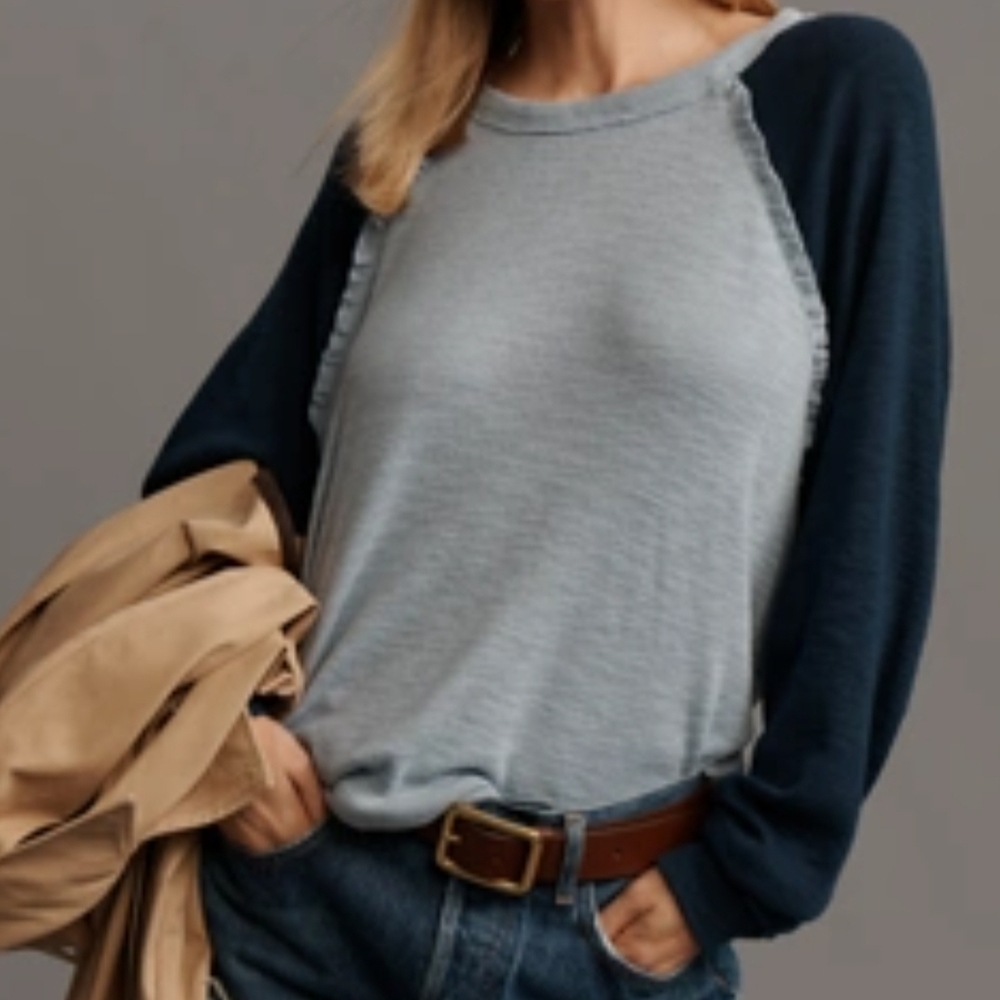 Pilcro Gray and Blue Raglan Sleeve Top